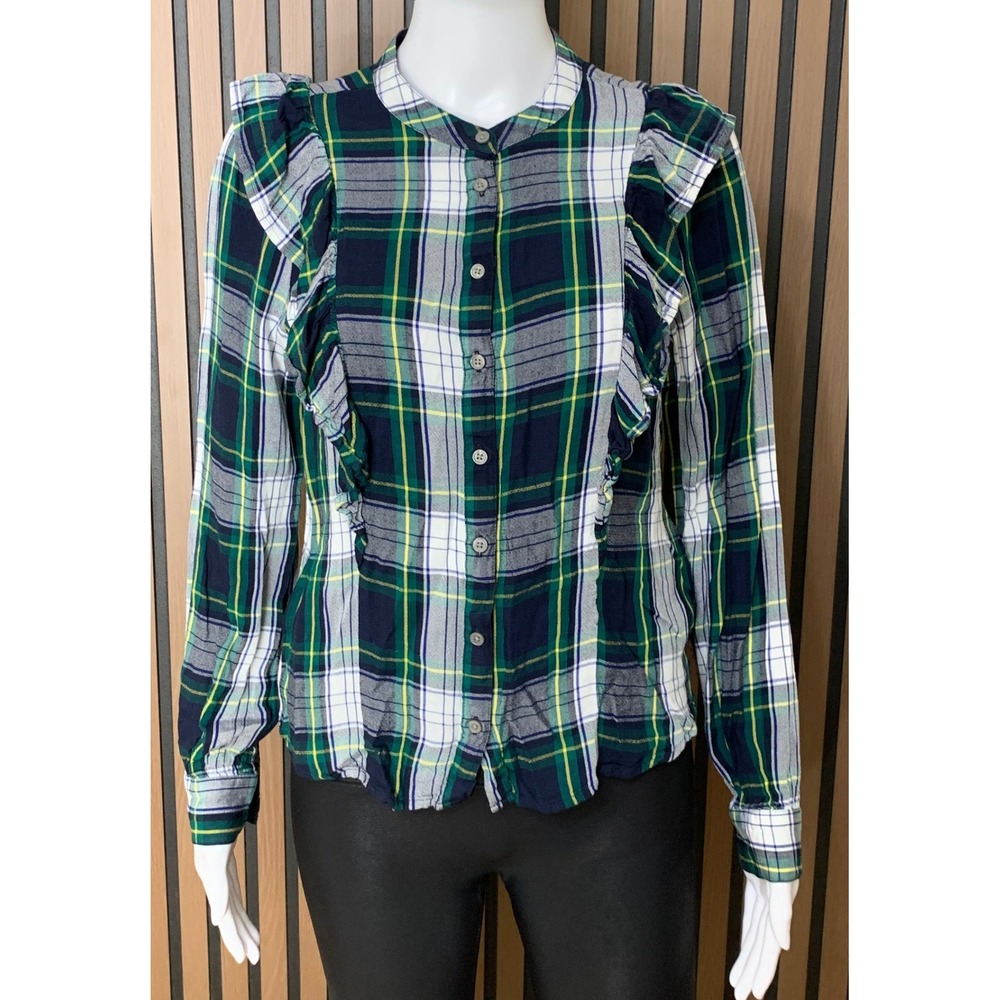 J.Crew Women's Plaid Ruffle Trim Band Collar Button Down Viscose Shirt Green XS